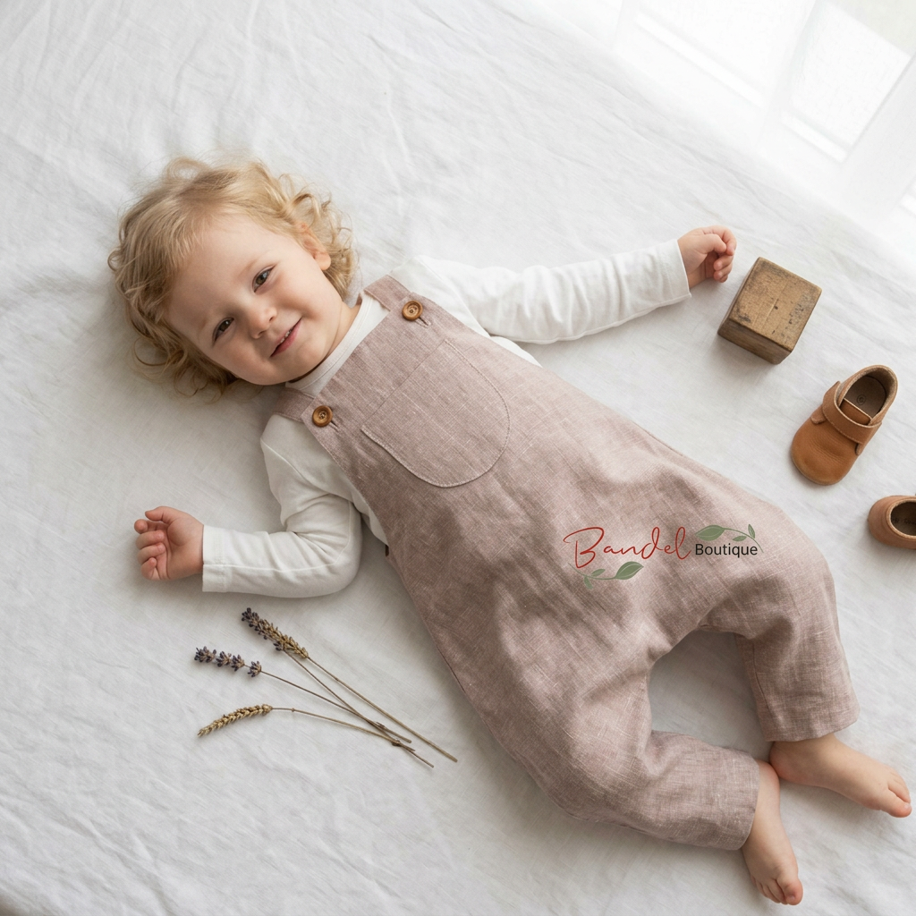 A baby lying on a white fabric surface wearing dusty pink linen overall with a white long-sleeve shirt. The overall has a front pocket and small wooden buttons.