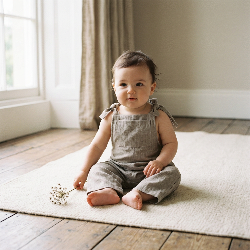 A baby sitting on a cream rug in a bright room, wearing a matching linen-look romper in a warm taupe-gray color. The baby is holding a small white flower.