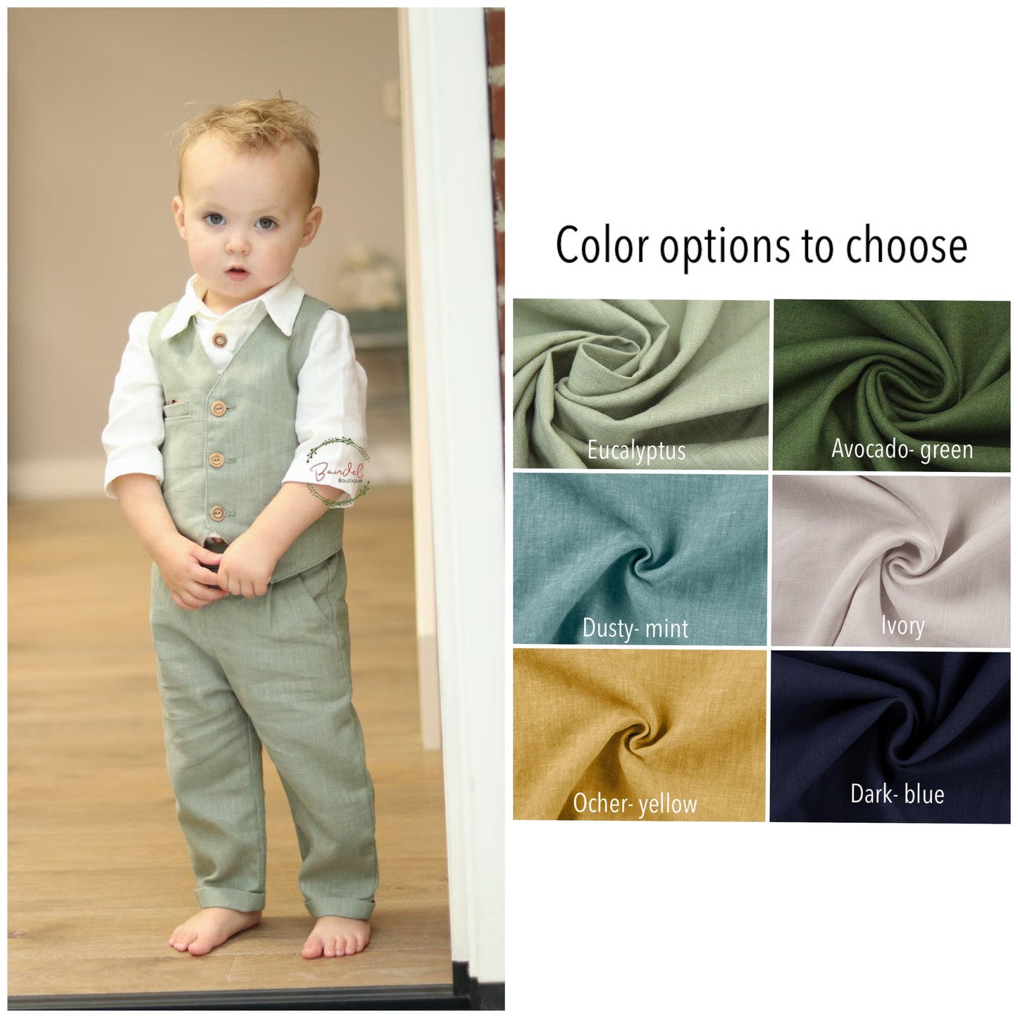 Child wearing a green outfit with color swatches for selection.
