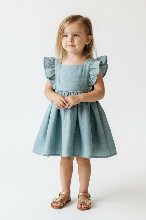 Young girl wearing a light blue dress with ruffled sleeves on a white background