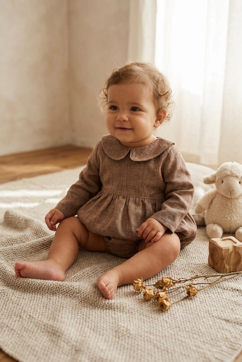 A baby sitting on a textured beige blanket in a softly lit room, wearing a brown long-sleeve romper with a Peter Pan collar. A plush sheep toy and dried flowers are nearby.
