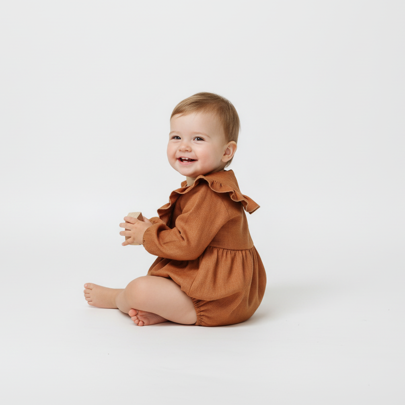 Baby wearing a brown romper sitting on a white background