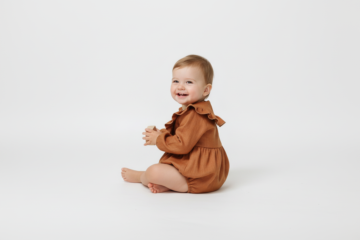 Baby wearing a brown romper sitting on a white background