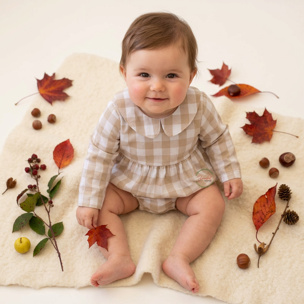 A baby sitting on a cream blanket surrounded by autumn leaves, acorns, and pinecones, wearing a beige and white gingham long-sleeve romper with a Peter Pan collar.