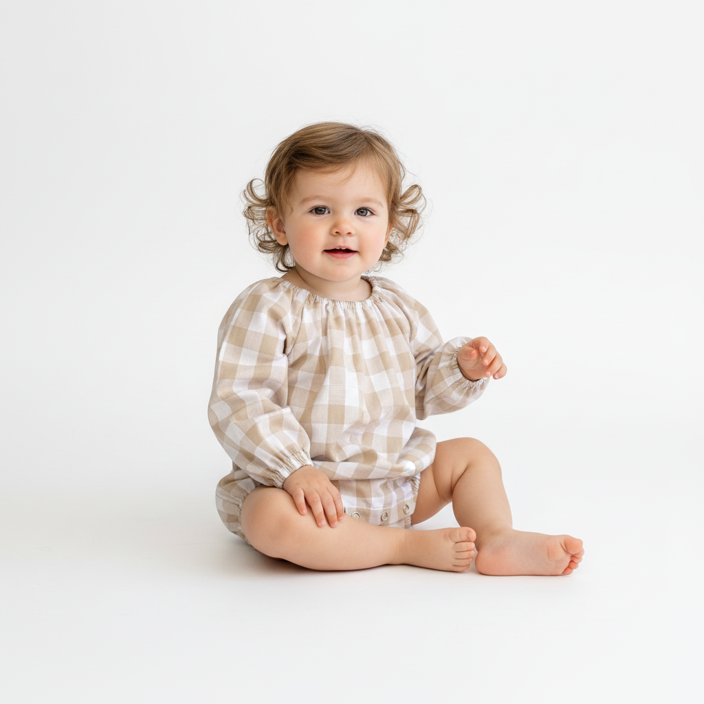 Baby wearing a checkered outfit sitting on a white background