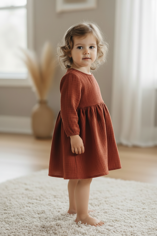 Young child wearing a rust-colored dress standing on a carpeted floor.