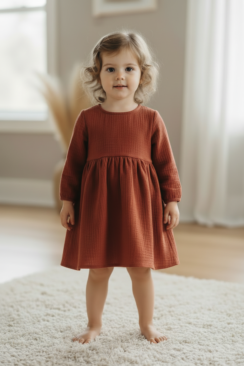 Young child wearing a rust-colored dress standing on a carpeted floor.