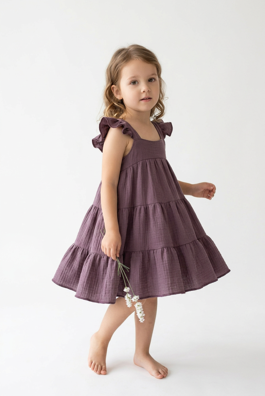 A young girl wearing a tiered dusty purple cotton dress with ruffled shoulder straps, standing barefoot against a plain white studio background.