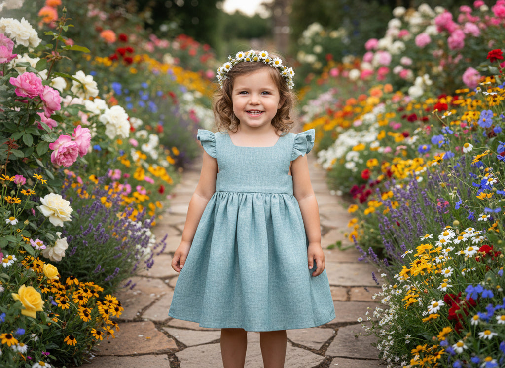 Young girl in a light blue dress standing in a flower garden