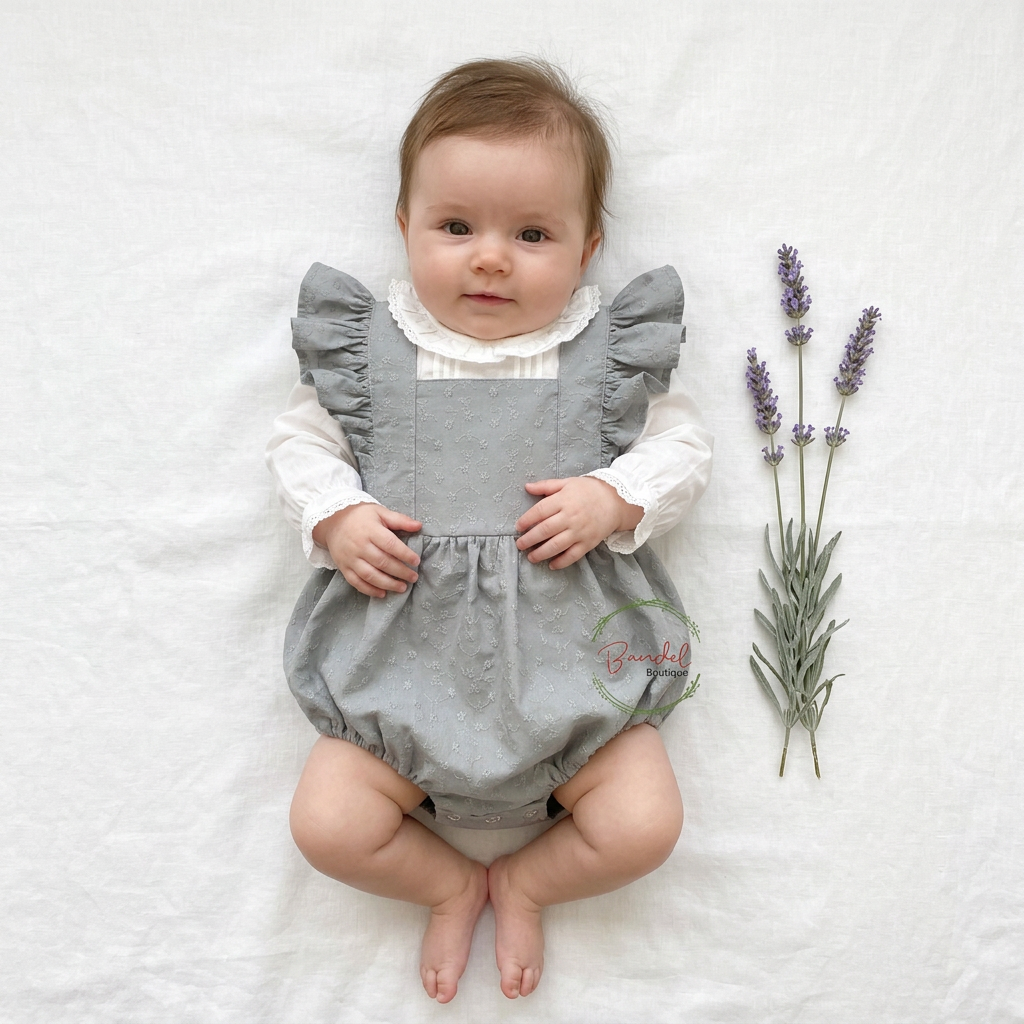 A baby lying on a white fabric background wearing a gray bubble romper over a white long-sleeve shirt, with lavender sprigs placed to the right. A small 'Breeze' brand watermark is visible on the romper.