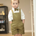 Moss- green pageboy outfit. Classic ring- bearer outfit. Romper, blouse and bow-tie linen boy outfit suit.