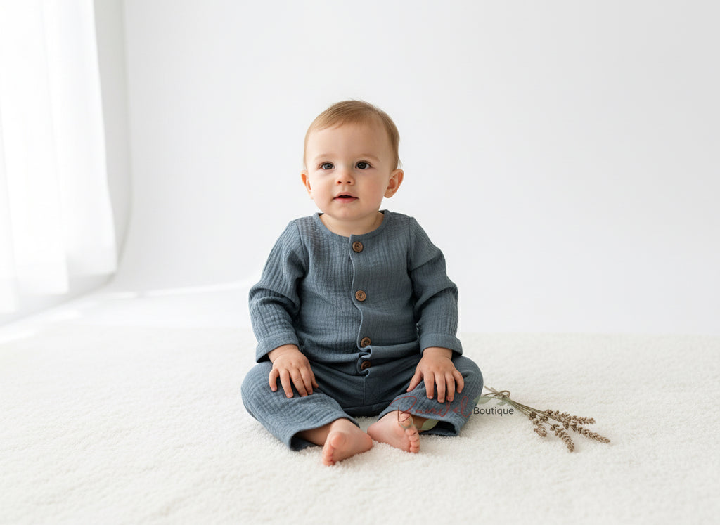 Blue baby romper with buttons on a white background