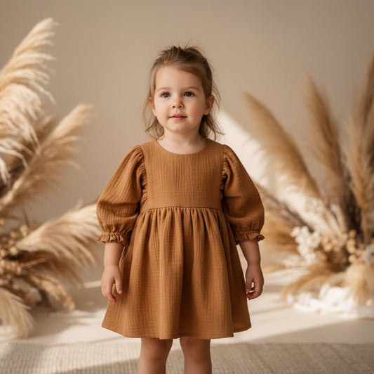 Young girl in a brown dress standing in a park with autumn leaves