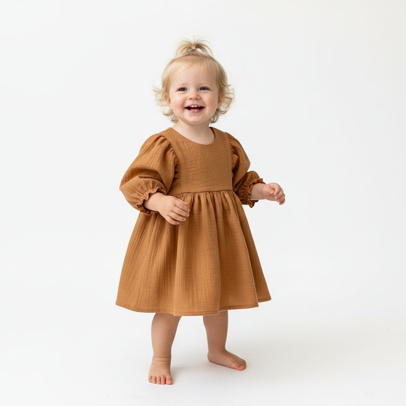 Child wearing a brown dress on a white background