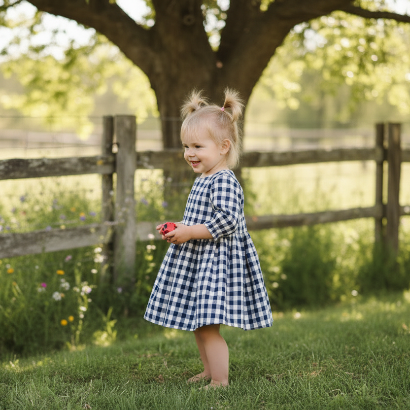 Young girl in a checkered dress standing in a grassy field with a wooden fence and tree in the background.