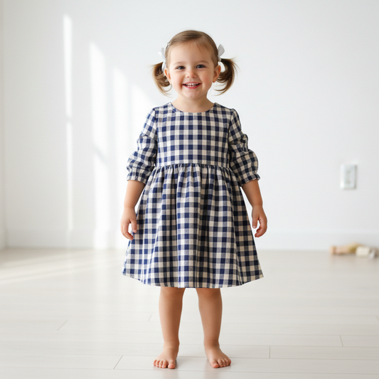 Young girl wearing a blue and white checkered dress standing in a minimalistic room.