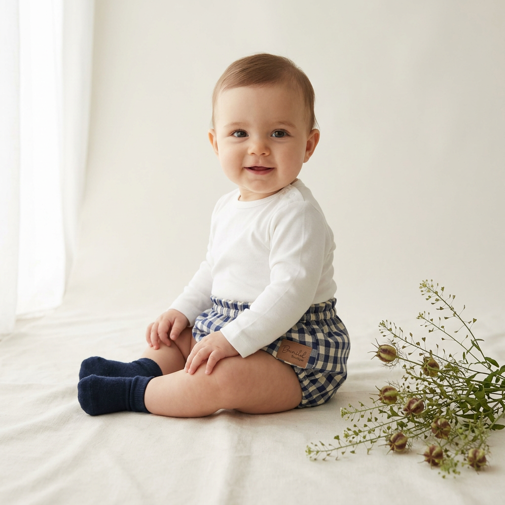 A baby sitting on a cream fabric surface wearing a white long-sleeve shirt, blue and white gingham shorts, and navy socks, with a small brown leather brand patch on the shorts. A bouquet of dried flowers rests to the right, and soft window light comes from the left.