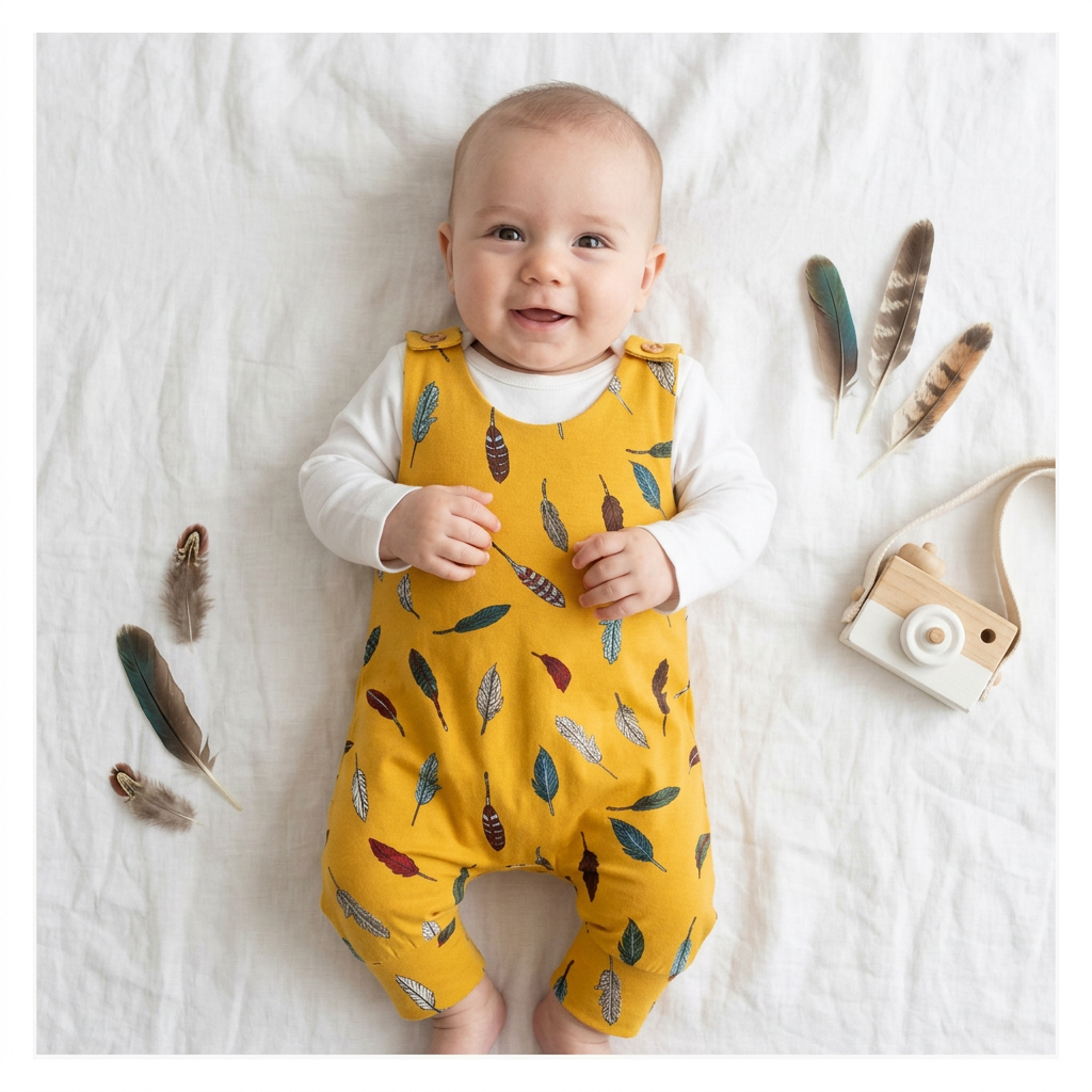 A baby lying on a white fabric surface wearing mustard yellow footless overalls with a feather print, styled with decorative feathers and a small toy camera.