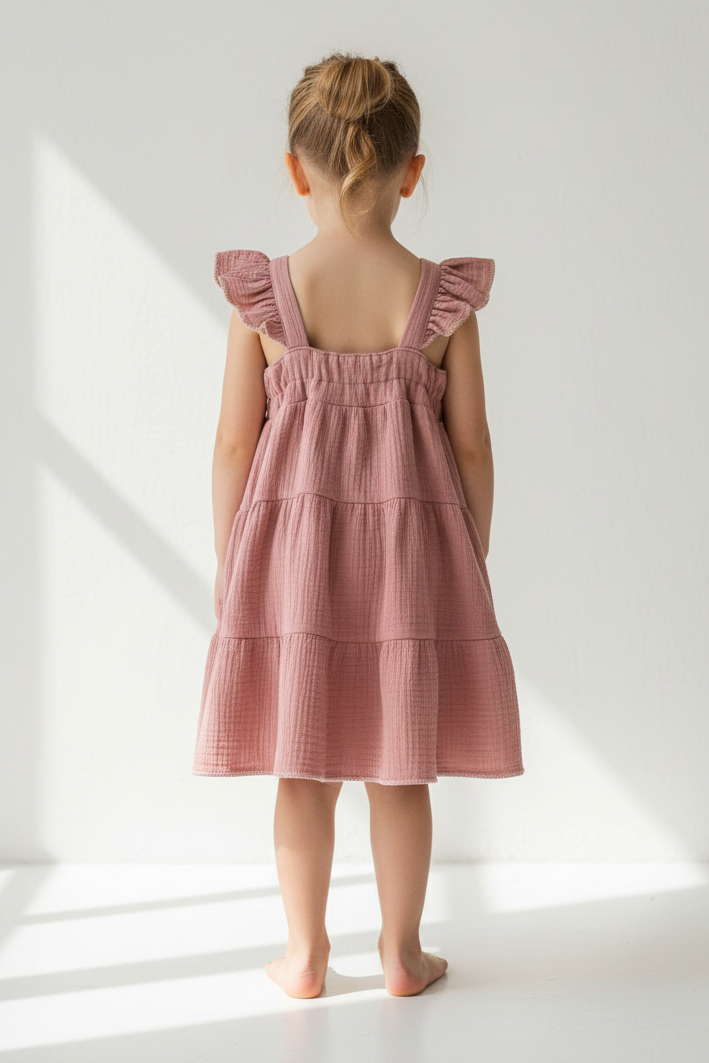 Child wearing a pink dress standing in a bright room with sunlight filtering through.