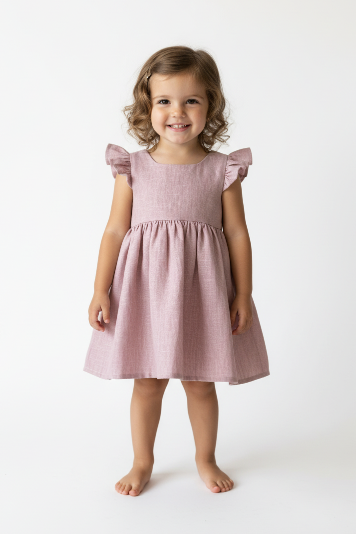 Young girl wearing a pink dress on a white background