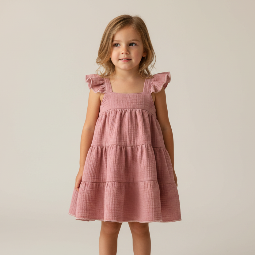 Young girl wearing a pink dress against a plain background