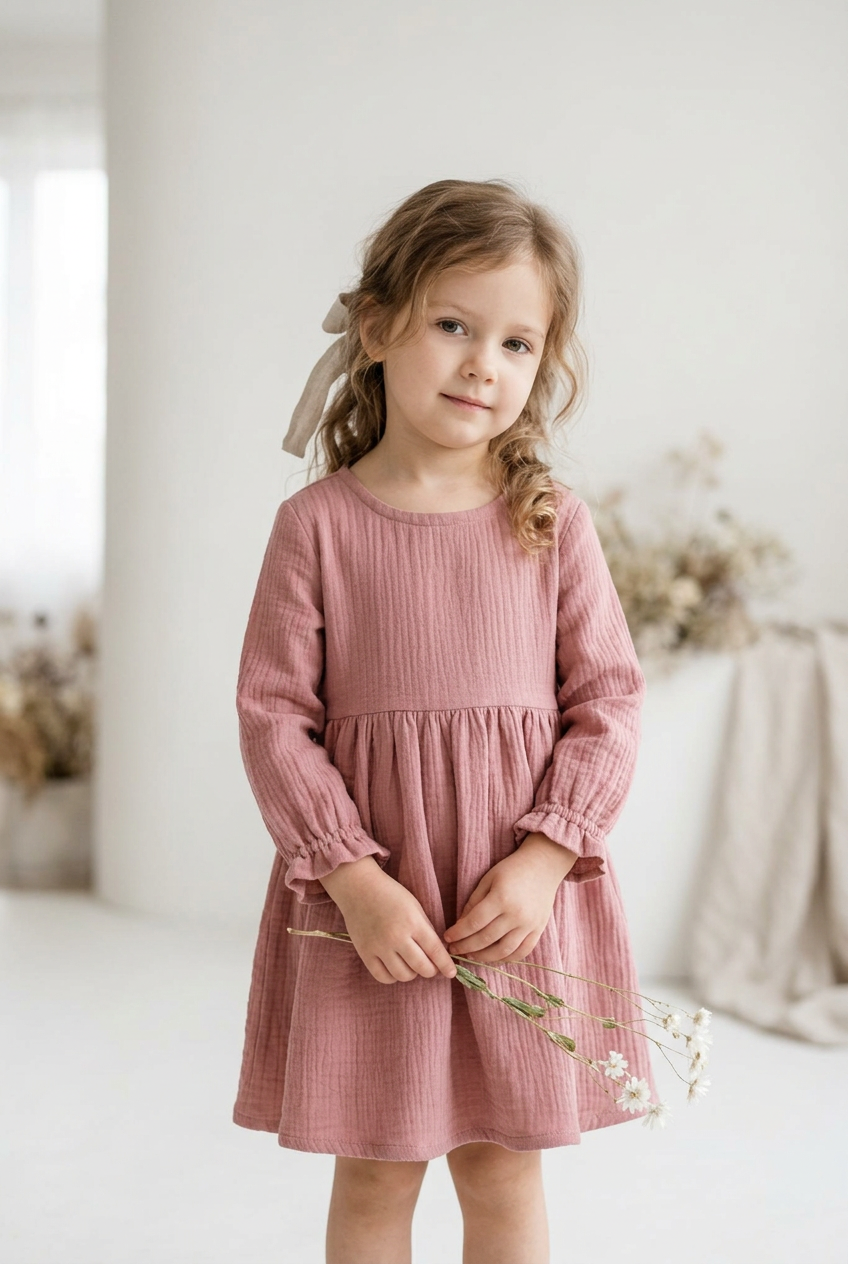 A young girl with light brown hair in a side braid wearing a dusty rose pink textured long-sleeve dress, holding a small sprig of white flowers in a bright, minimalist room.