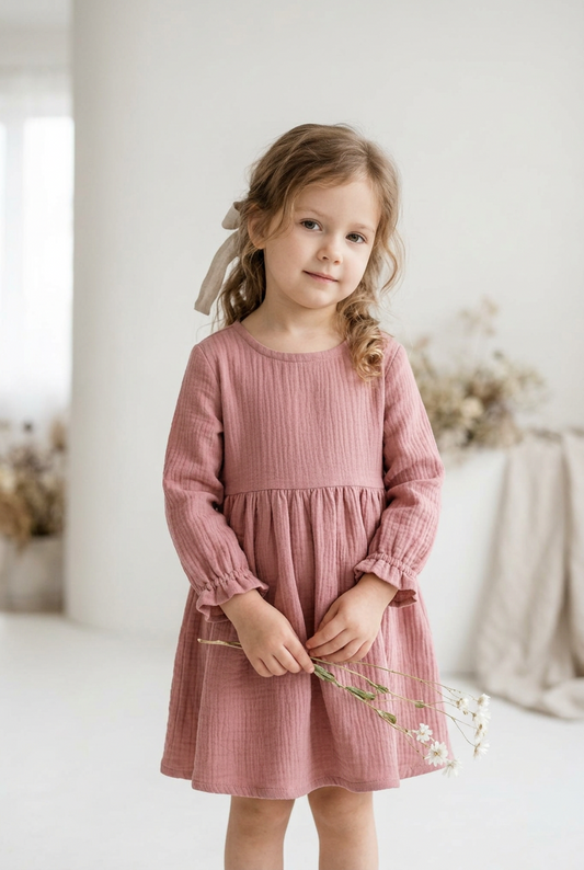 A young girl with light brown hair in a side braid wearing a dusty rose pink textured long-sleeve dress, holding a small sprig of white flowers in a bright, minimalist room.