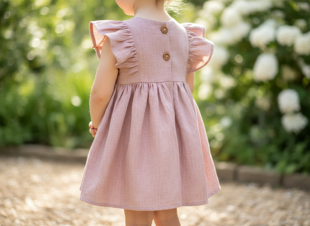 Child wearing a pink dress with ruffled sleeves in a garden setting