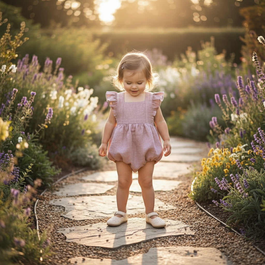 Baby in a pink dress sitting among white flowers with a blurred green background