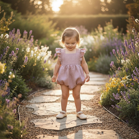 Baby in a pink dress sitting among white flowers with a blurred green background