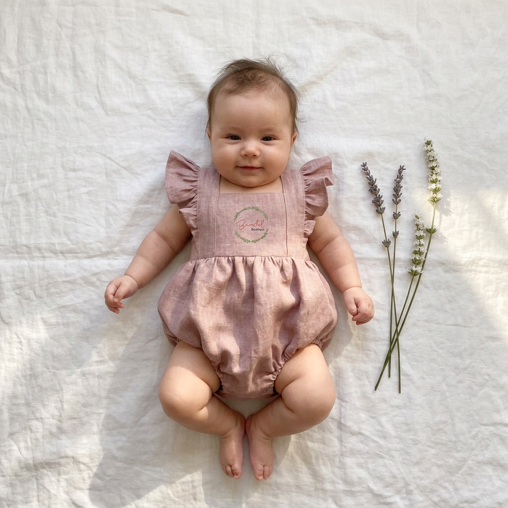 A baby lying on a white fabric background wearing a dusty pink flutter-sleeve romper with 'Sofia' embroidered on the chest. Three dried lavender stems are placed to the right of the baby.