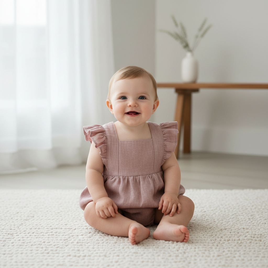 Baby in a pink romper sitting on a carpeted floor with a blurred background