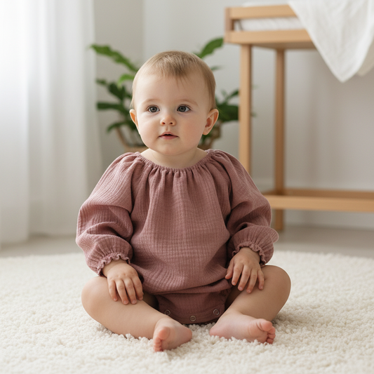 Baby sitting on a white carpet in a room with a plant and wooden furniture.