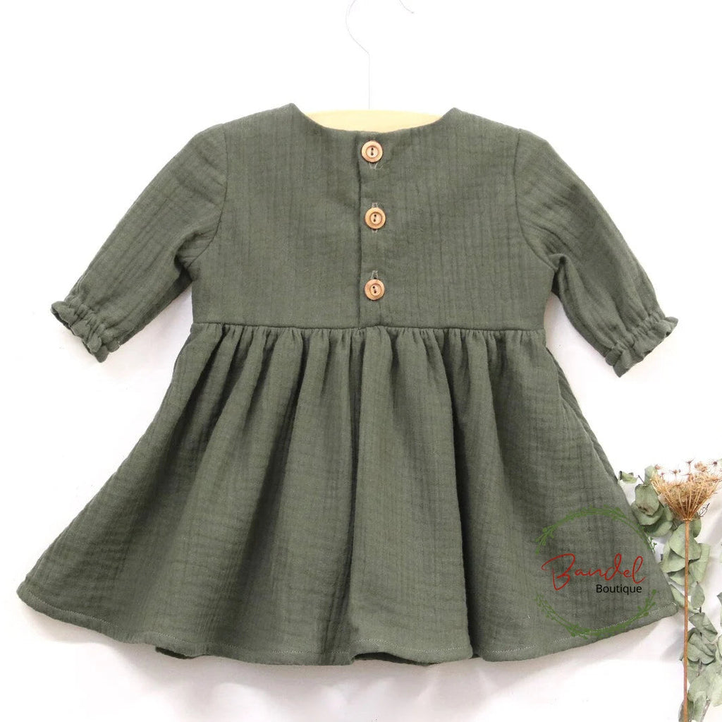 Emma Muslin Dress - Olive- green