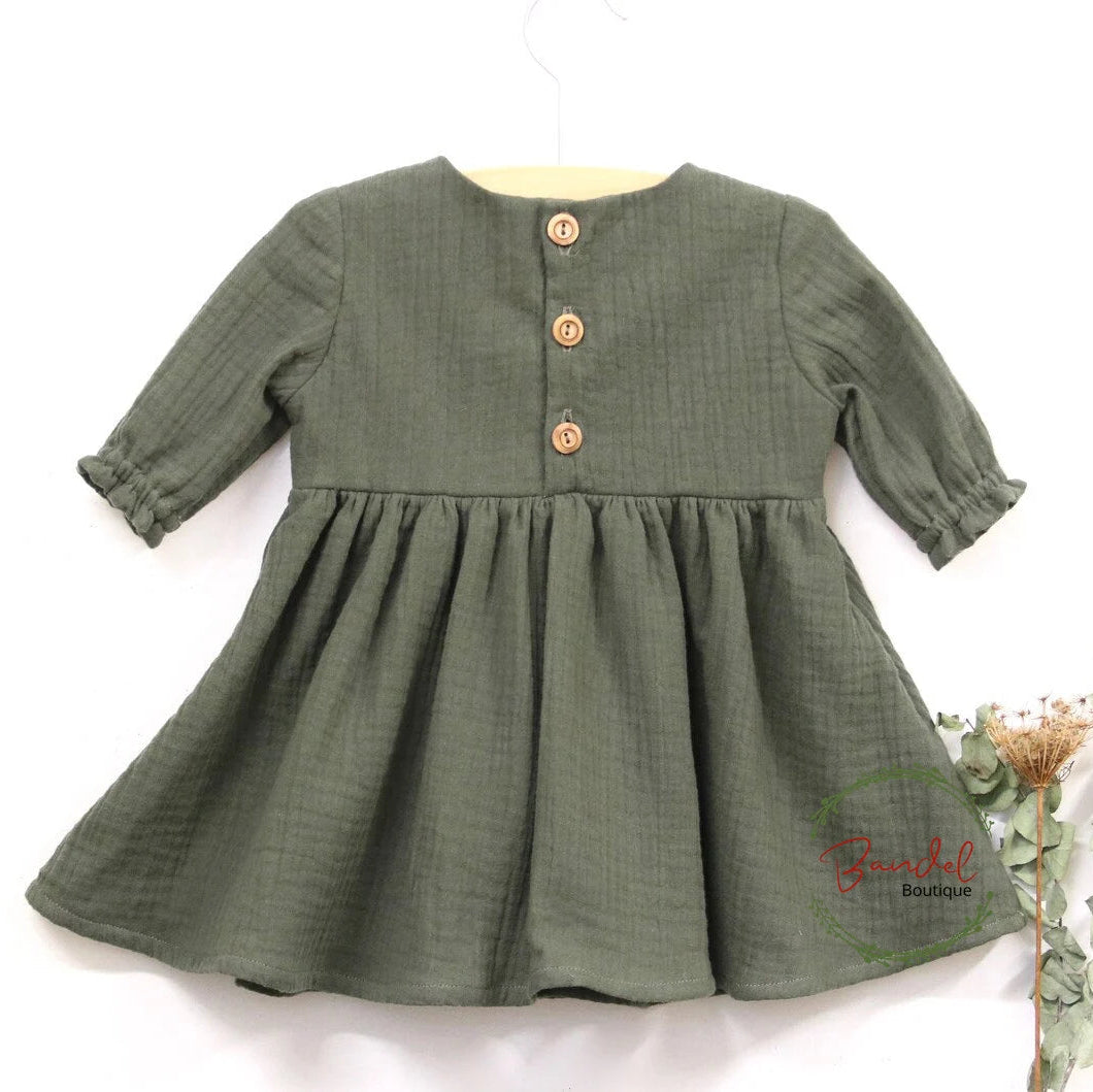 Emma Muslin Dress - Olive- green