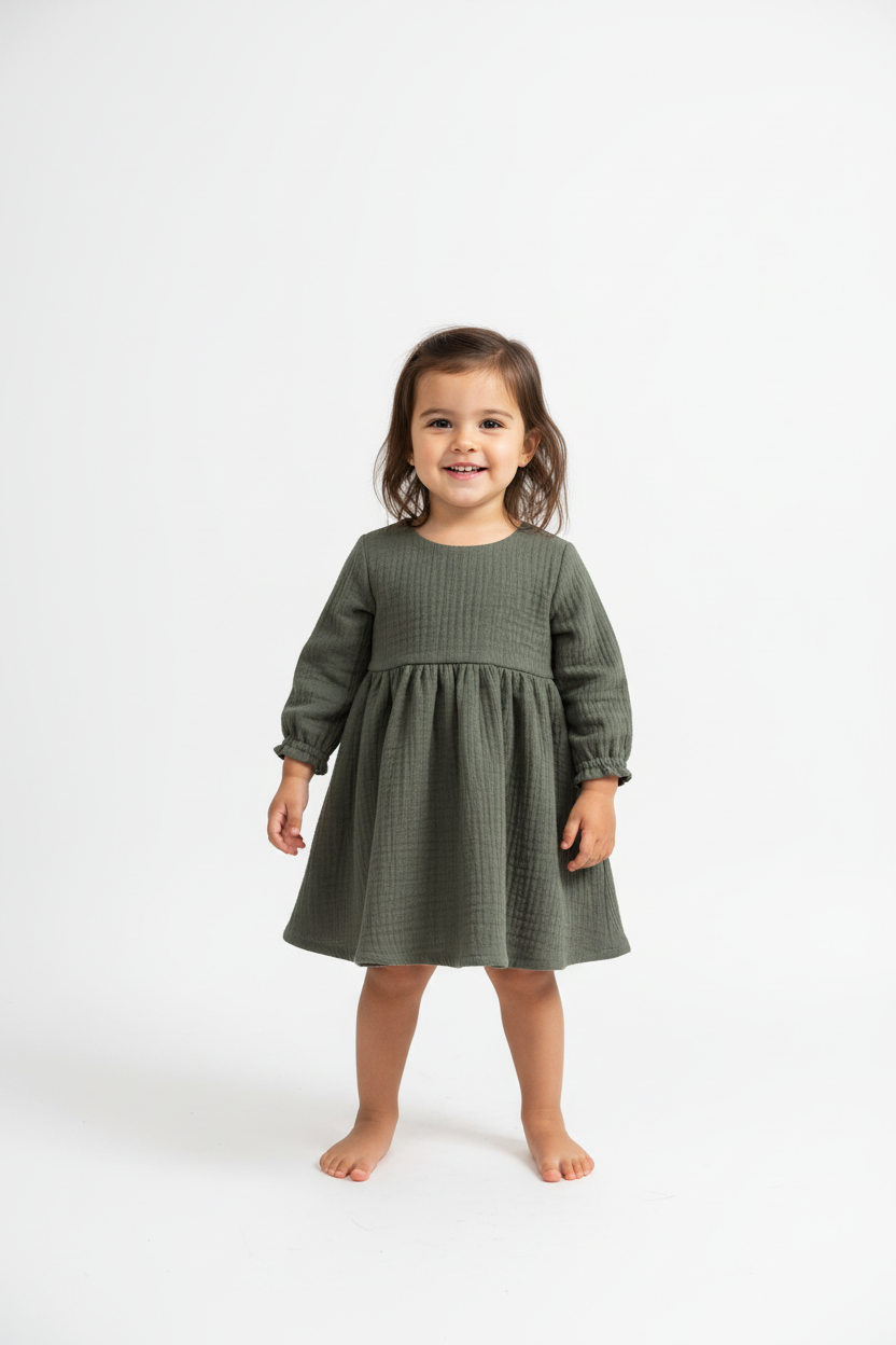 Emma Muslin Dress - Olive- green
