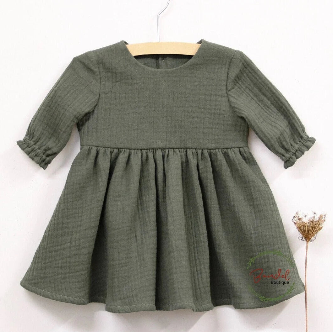 Organic muslin girl dress, olive green  toddler dress