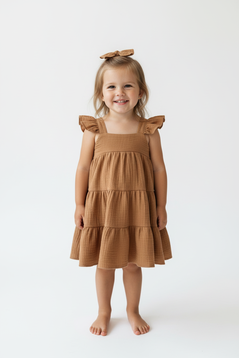 Young girl wearing a brown dress with ruffled straps on a white background