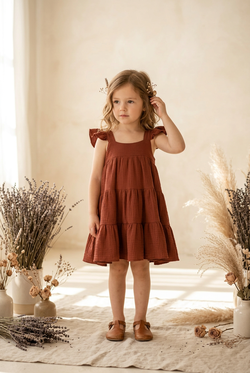 A young girl with blonde hair wearing a rust-brown tiered sleeveless dress and brown shoes, standing in a warm, sunlit room decorated with dried flowers.