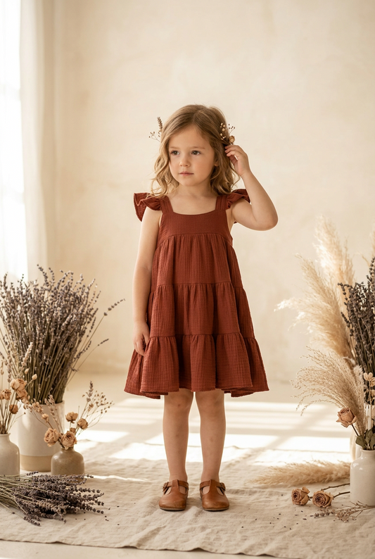 A young girl with blonde hair wearing a rust-brown tiered sleeveless dress and brown shoes, standing in a warm, sunlit room decorated with dried flowers.