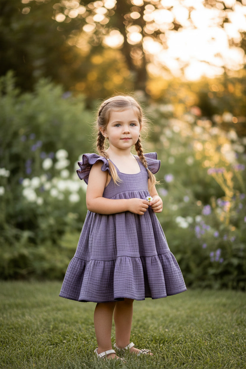 A lilac-colored dress with flutter sleeves and a gathered tiered skirt, displayed with a small accessory.