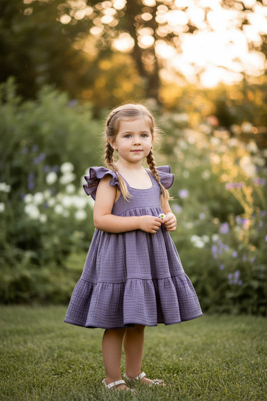 A lilac-colored dress with flutter sleeves and a gathered tiered skirt, displayed with a small accessory.