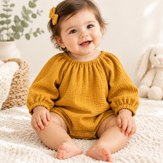 A baby girl wearing a mustard yellow textured long-sleeve romper and a matching yellow bow, sitting on a white knit blanket in a cozy room.