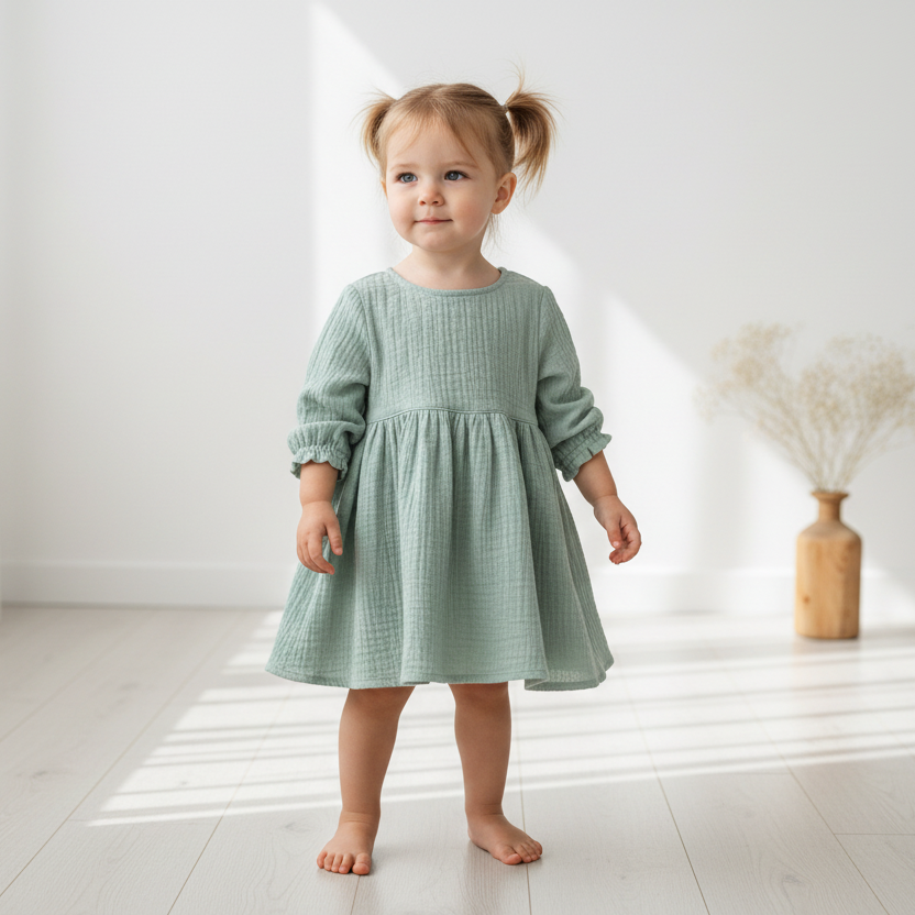 Child wearing a light green dress standing in a bright room with white walls and wooden floor.