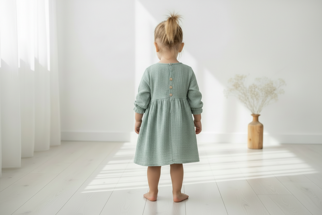 Child in a light green dress standing in a bright room with white walls and a vase on the floor.
