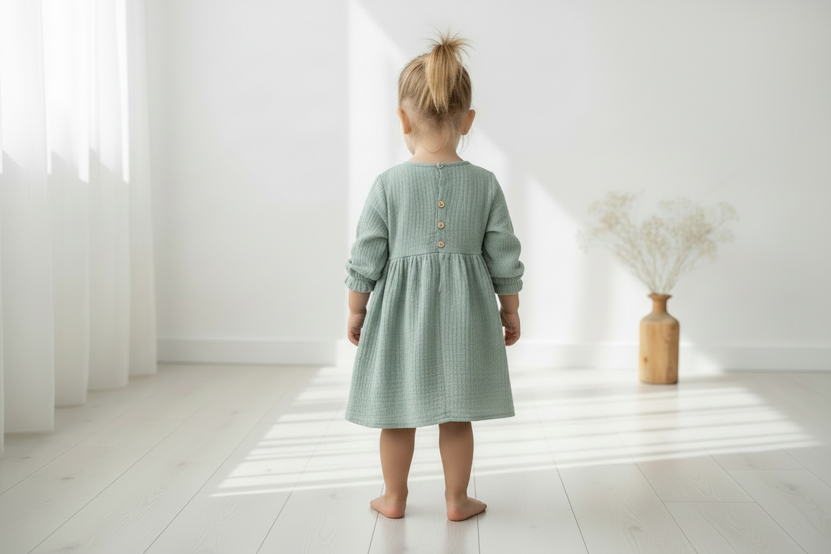 Child in a light green dress standing in a bright room with white walls and a vase on the floor.
