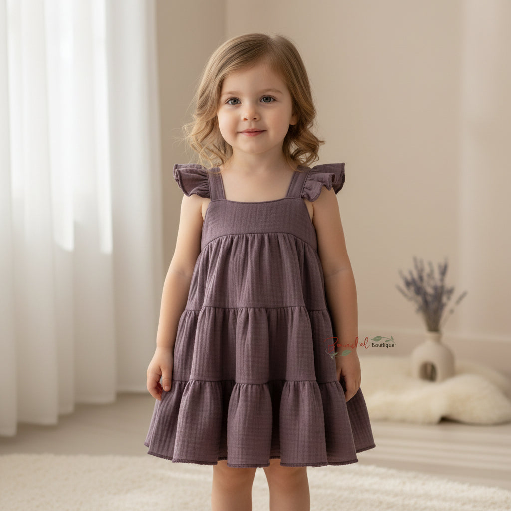 A mauve-colored flutter sleeve dress with a gathered tired skirt, displayed against a white background with a small white flower at the bottom right corner.