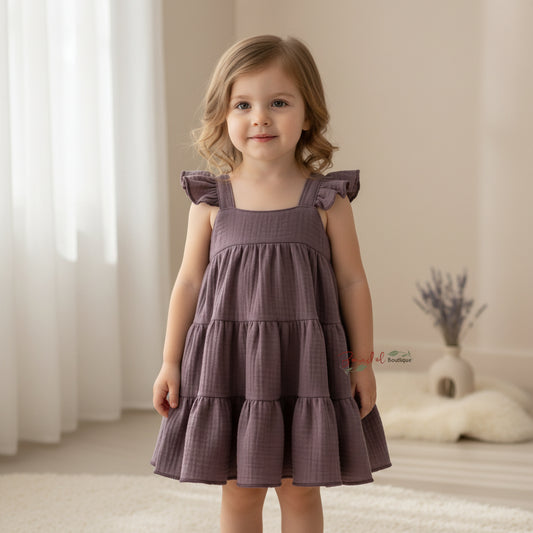 A mauve-colored flutter sleeve dress with a gathered tired skirt, displayed against a white background with a small white flower at the bottom right corner.