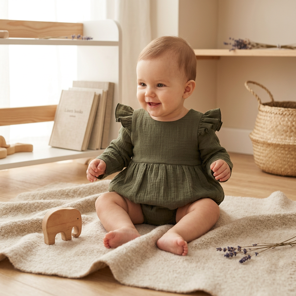 A baby sitting on a cream-colored blanket in a nursery, wearing an olive green long-sleeve romper with ruffled shoulders. The background features wooden shelves, a woven basket, and a small wooden toy elephant.