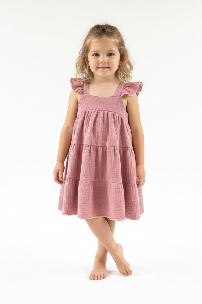 Young girl wearing a pink dress on a white background